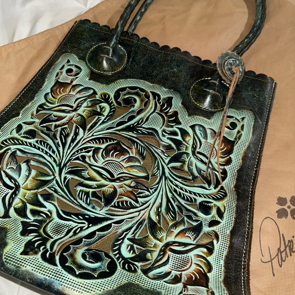 Patricia Nash tote teal/brown/gold 13 1/2 x 12 1/2 x 5 fuchsia/pink inter - Picture 2 of 11